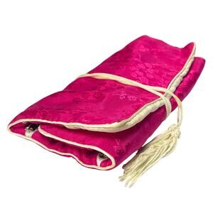 Vintage Pink Satin Floral Roll Up Jewelry Organizer Travel Case Pouch Holder